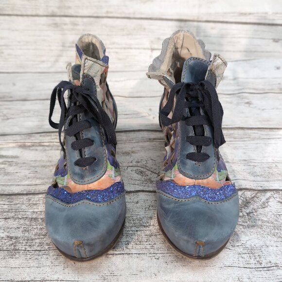 Rovers Floral Leather Lace-Up Ankle Boots Blue Multicolor Boho – US Women’s 10 - Picture 1 of 10
